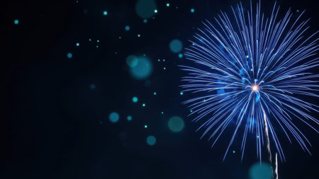 A stunning display of blue fireworks illuminating the night sky. The fireworks burst into a variety of shapes and sizes, creating a mesmerizing spectacle. The deep blue hues and bright sparks add a sense of celebration and joy to the scene.の素材