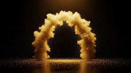 A striking image of a golden archway formed by dense clouds of dust against a dark background. The archway is symmetrical and appears to be suspended in mid-air, creating a dramatic and ethereal scene. The dust particles catch the light, giving the archway a luminous quality.の素材