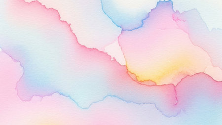 This image features a serene and abstract watercolor landscape. The painting showcases a blend of pastel colors including soft pinks, blues, and yellows. The colors merge seamlessly, creating a dreamy and calming atmosphere. The composition suggests a natural setting with flowing shapes that evoke a sense of tranquility and harmony.の素材