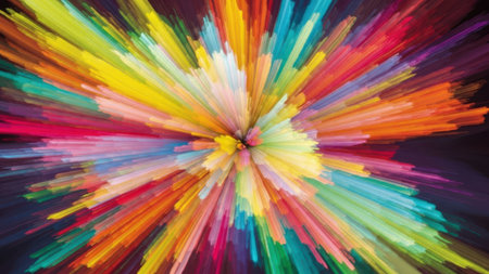 A vibrant and dynamic image showcasing an explosion of colors radiating from a central point. The burst of light and color creates a sense of energy and movement, with streams of bright hues spreading outwards in all directions. The background is dark, which accentuates the vividness of the colors, making them stand out prominently.の素材