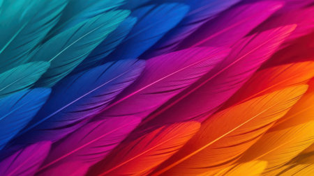 A close-up image showcasing a collection of colorful feathers arranged in a gradient of the rainbow. The feathers transition smoothly from blue to purple, pink, orange, and finally yellow, creating a visually striking and harmonious pattern.の素材