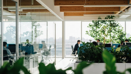 This image depicts a bright and spacious modern office environment. The office features large windows that allow ample natural light to flood the space. Employees are seen working at their desks, which are equipped with computers and other office supplies. The office is decorated with numerous green plants, adding a touch of nature and enhancing the overall aesthetic. The design includes wooden beams and a glass partition, contributing to an open and airy feel.の素材