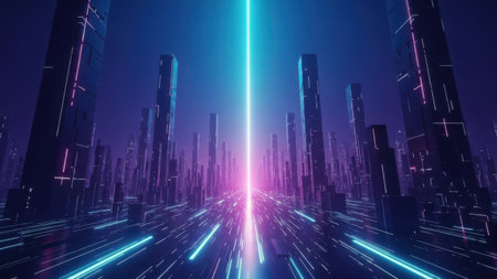 A vibrant and futuristic cityscape at night, illuminated by neon lights and a central beam of light cutting through the darkness. Tall, modern skyscrapers dominate the scene, with streaks of light creating a sense of motion and speed.の素材
