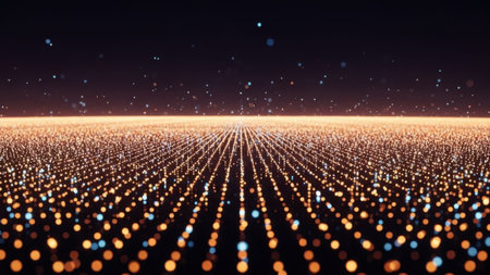 This image depicts an expansive, mesmerizing field of sparkling lights that seem to stretch infinitely into the distance. The lights are arranged in a radial pattern, creating a sense of depth and perspective. The color palette is dominated by shades of orange and blue, with the lights gradually fading into the dark background. The scene evokes a sense of tranquility and wonder, reminiscent of a starry night sky or a futuristic digital landscape.の素材