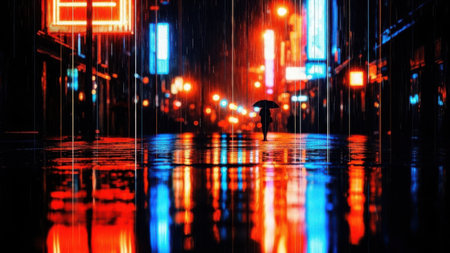 A vibrant and colorful night scene in a city during heavy rain. The street is wet and reflective, with neon lights creating a mesmerizing atmosphere. A lone figure with an umbrella walks down the street, adding a sense of solitude and tranquility to the bustling urban environment.の素材