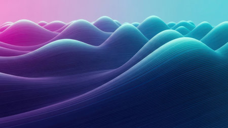 This image features an abstract, wavy gradient background with smooth transitions between various colors. The gradient shifts from shades of purple and magenta to blue and cyan, creating a visually appealing and dynamic effect. The wavy lines are symmetrical and fluid, adding a sense of movement and harmony to the composition.の素材