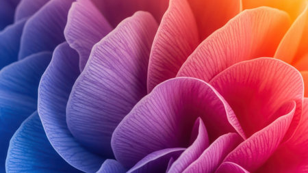 A close-up image of a flower petal showcasing a stunning gradient of colors, transitioning smoothly from blue to purple, pink, and finally orange. The petal's texture is intricately detailed, highlighting the natural beauty and elegance of the flower. The vibrant hues create a mesmerizing visual effect, capturing the essence of nature's artistry.の素材