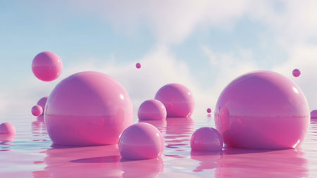 A digital illustration showcasing multiple pink spheres of varying sizes floating in a serene sky. The spheres are reflected in a calm, reflective surface below, creating a mirror-like effect. The sky is light blue with soft clouds, adding to the tranquil atmosphere.の素材
