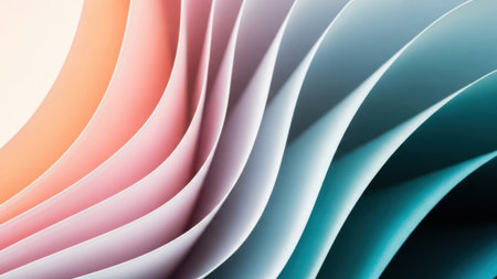 This image features a series of smooth, wavy shapes in a gradient of pastel colors. The waves transition seamlessly from warm tones of orange and pink to cooler tones of blue and gray. The design is minimalistic and modern, evoking a sense of calm and fluidity.の素材