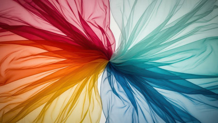 This image showcases a vibrant display of colors swirling together in a mesmerizing pattern. The colors transition smoothly from red to orange, yellow, green, blue, and finally turquoise, creating a sense of harmony and fluidity. The soft, flowing fabric appears to dance and twist, evoking a sense of movement and dynamism.の素材