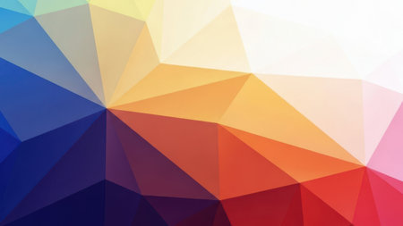 This image features a vibrant and dynamic abstract background composed of numerous overlapping polygons. The polygons are filled with a gradient of colors, transitioning smoothly from cool blues and purples to warm oranges and pinks. The geometric shapes create a sense of depth and movement, making the image visually engaging and modern.の素材