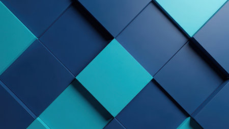 This image features a captivating pattern of blue cubes arranged in a three-dimensional grid. The cubes vary in shades of blue, creating a sense of depth and dimension. The lighting casts shadows that accentuate the geometric shapes, giving the image a modern and artistic feel.の素材
