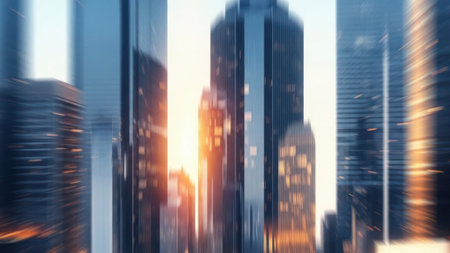 This image captures a stunning sunset over a city skyline. The sun is setting behind tall, modern skyscrapers, casting a warm, golden glow that contrasts with the cool blue tones of the buildings. The reflection of the sunlight on the glass facades creates a mesmerizing effect, highlighting the architectural beauty of the cityscape.の素材