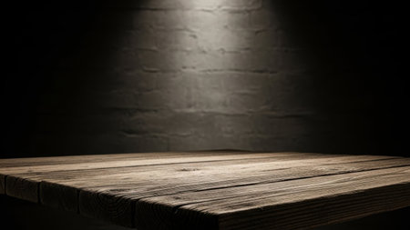 This image features a minimalist wooden table set against a dark, textured brick wall. The table is positioned in the foreground, while the brick wall serves as a backdrop, illuminated by a single light source creating a dramatic effect. The overall atmosphere is moody and serene, emphasizing simplicity and contrast.の素材