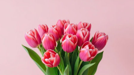 A beautiful arrangement of pink tulips set against a matching pink background. The flowers are in full bloom, showcasing their delicate petals and lush green stems. The image exudes a sense of freshness and elegance, perfect for celebrating spring or special occasions.の素材