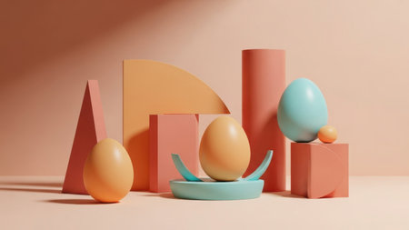 A vibrant and artistic arrangement featuring geometric shapes and eggs. The scene includes various colored geometric forms such as triangles, cylinders, and arcs, with eggs placed creatively among them. The background is a warm, gradient hue that complements the objects, creating a visually appealing composition.の素材