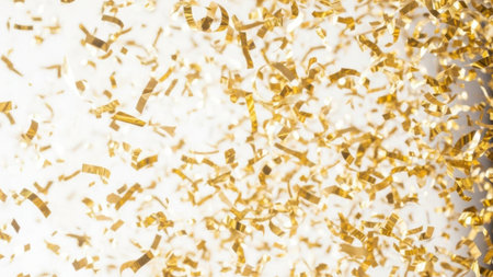 A vibrant image capturing a multitude of golden confetti pieces scattered in mid-air. The confetti appears to be floating against a bright, white background, creating a festive and celebratory atmosphere. The golden confetti pieces are of varying sizes, adding depth and texture to the scene.の素材