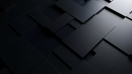 This image showcases a striking modern architectural design featuring a series of black panels arranged in a geometric pattern. The panels create a sense of depth and texture, with shadows adding to the three-dimensional effect. The design is sleek and contemporary, emphasizing clean lines and minimalism.の素材
