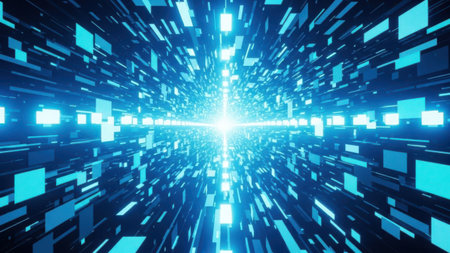 This image depicts a futuristic digital tunnel with a bright light at the center, surrounded by numerous geometric shapes and lines. The tunnel appears to be composed of binary code or digital pixels, creating a sense of depth and motion. The predominant colors are shades of blue and white, enhancing the technological and futuristic feel of the scene.の素材