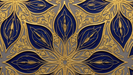 This image showcases a detailed and ornate floral pattern featuring golden lines against a dark blue background. The design is symmetrical, with each petal and leaf meticulously crafted to create a harmonious and elegant motif. The intricate detailing and repeating elements give the pattern a sense of depth and complexity, making it suitable for decorative purposes.の素材