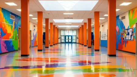 This image depicts a lively and colorful school corridor. The hallway is adorned with bright murals on both sides, featuring abstract designs in various colors. Orange pillars line the corridor, adding to the vibrant atmosphere. The floor has a polished, reflective surface that enhances the brightness of the space. The corridor is well-lit with overhead lighting, creating a welcoming and cheerful environment.の素材