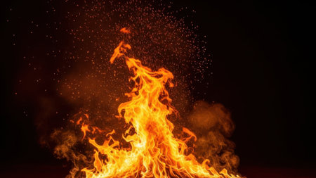 This image captures a mesmerizing bonfire burning brightly against the dark night sky. The flames dance and flicker, casting a warm glow and creating a sense of warmth and coziness. Sparks fly upwards, adding to the dynamic and lively atmosphere. The contrast between the dark background and the vivid orange and yellow flames makes the scene even more captivating.の素材