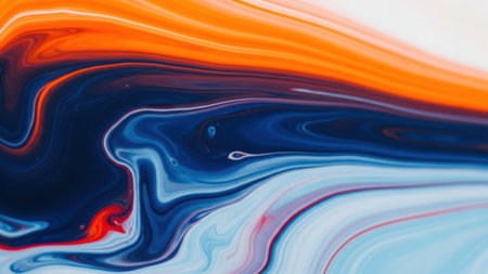 This image captures a mesmerizing blend of vibrant colors swirling together, creating a cosmic-like effect. The deep blues and oranges blend seamlessly with hints of red and white, evoking a sense of movement and energy. The intricate patterns and fluid transitions between colors give it an almost otherworldly appearance.の素材