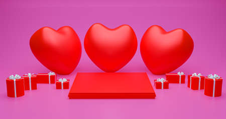3d renderings make three red Valentine Heart podiums and gifts for product displays on Valentine's Day and must be very beautiful for your content.の写真素材