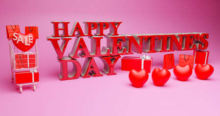 Illustration of 3D stock Happy Valentine's Day, there are gifts, trolley items, tote bags, 3d hearts inscribed with sales.の写真素材