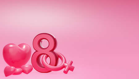 3d illustration of International Women's Happy Day, March 8. 3D number, female sign and four 3d hearts with on a pink background, Available copy space.の写真素材