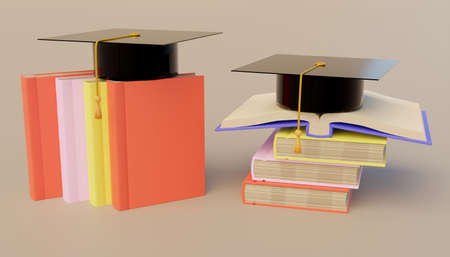 3D illustration of a book with a graduation cap. concept of success, learning, education and perseverance. 3d rendering.の写真素材
