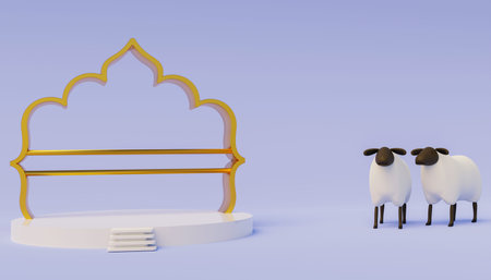 3D illustration of Eid al-Adha with Sheep, Podium, and Eid al-Adha ornaments. Suitable for Available...