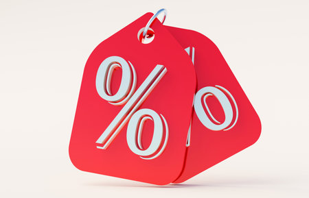 3D illustration Red price tag with percentage for sale, marketing promotion icon, white backgroundの写真素材