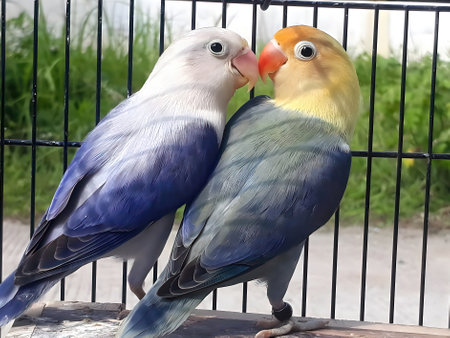 A pair of different types of lovebirds in a cage and making outの写真素材