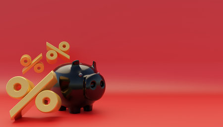 3d Illustration of Black Friday Super Sale. Black piggy bank with gold percentage on red background. Horizontal banners, posters, header sitesの写真素材