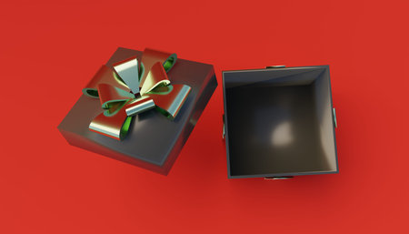 3d Illustration of Black Friday Super Sale. Realistic empty black gift box open from above. red...