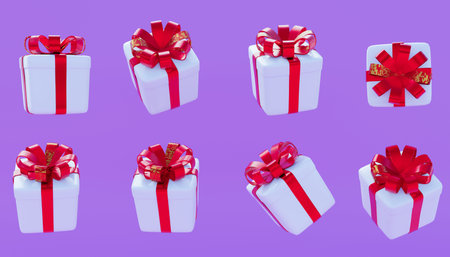 3d Illustration of a Gift in white with ribbons in various positions on a purple background