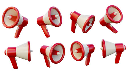 3d illustration of a loudspeaker, 3d megaphone to announce a promotion, various directions 3d renderingの写真素材