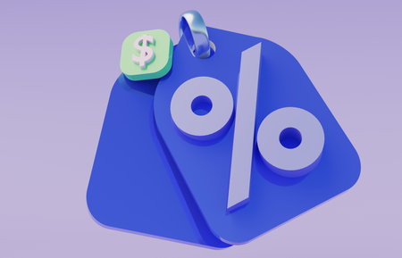 3D illustration of online shopping price tag, cash discount coupon for future use. Promotion special offer on 3d price tag on discount blue tagの写真素材