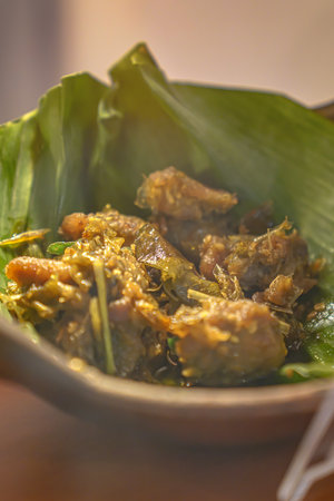 Duck with green chili sauce on a banana leaf on a jug plateの写真素材
