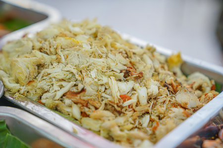 Crab meat in stainless steel trayの写真素材