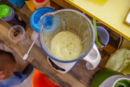 View from above of the juice blender, which is being blendedの写真素材