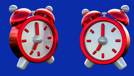 3d rendering of two red alarm clocks on a blue background