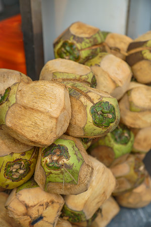 Coconut fruit at a coconut sales outlet that has had its skin peeled offの写真素材