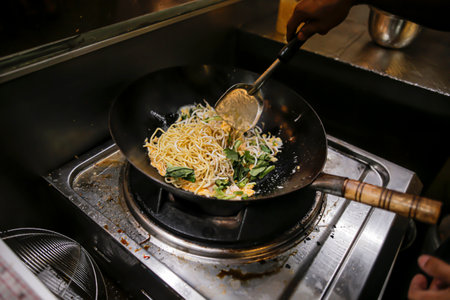 Stir the Javanese noodles while frying the noodles in a frying panの写真素材