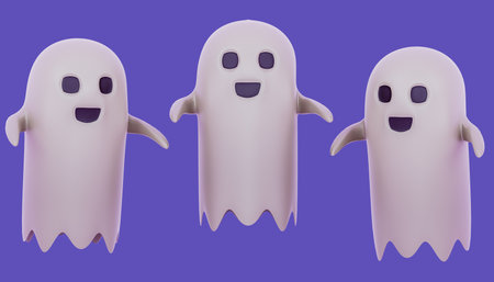 Halloween Ghost 3D Illustration, 3D rendering with light blue backgroundの写真素材