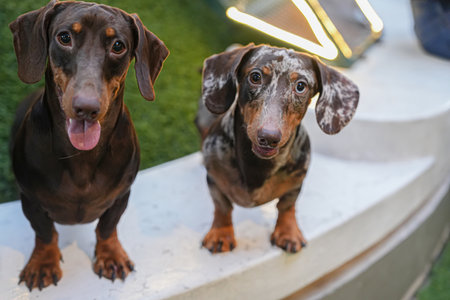 Two Dachshund puppies in the parkの写真素材
