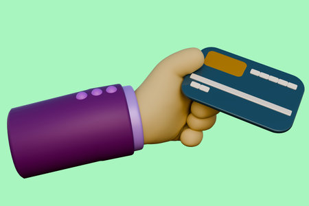 Hand in suit holding turquoise credit card. Elegant business transaction, modern financial concept, secure online payment, luxury lifestyle illustration. 3d renderingの写真素材
