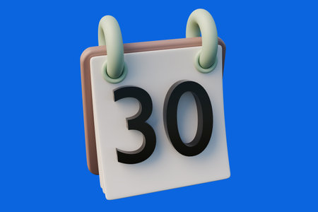 3D rendering of a calendar page with the number 30. Suitable for promotional materials, event announcements, and social media graphics.の写真素材