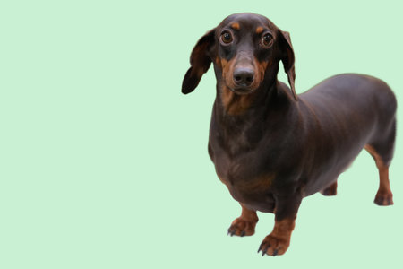 A long-bodied brown dachshund, ideal for pet-themed designs, veterinary marketing and dog-related products. Charming and visually appealing.の写真素材